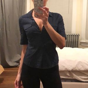 Navy blue short sleeve button down - M